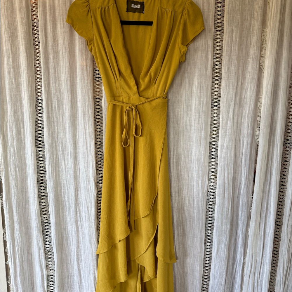 Reformation Yellow High Low Wrap Dress with Flutter Sleeves